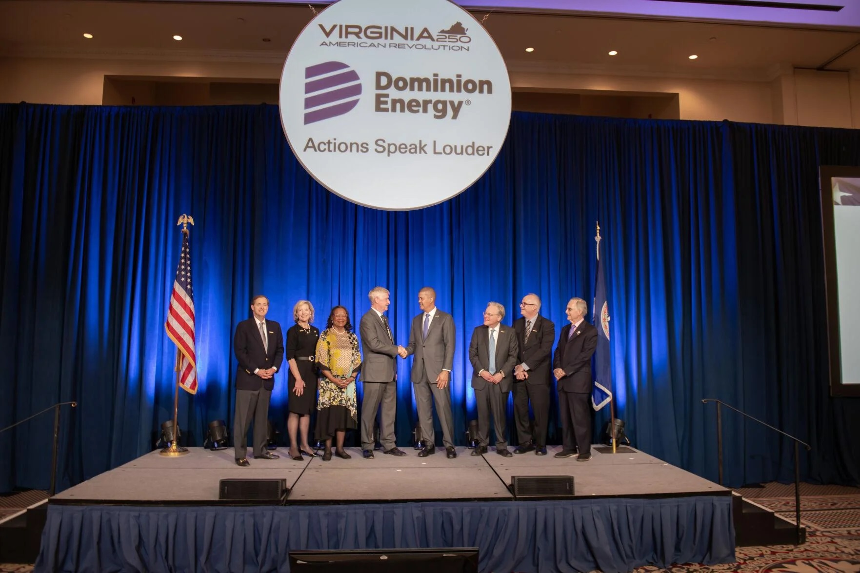 Virginia American Revolution 250 Commission (VA250) Chair, Delegate Terry Austin (R-Botetourt) thanks Edward H. Baine, President of Dominion Energy Virginia for its $1 million donation.  
Pictured L to R, Hunter Applewhite, President-Dominion Energy Charitable Foundation; Cheryl Wilson, Executive Director, VA250; Senator Mamie Locke (D-Hampton), Vice Chair, VA250 Commission; Delegate Terry Austin, Edward H. Baine, H. Benson Dendy, President, Virginia Commemorations, Inc.; Bill Murray, Senior VP – Corporate Affairs and Communications, Dominion Energy; Senator Tommy Norment, Virginia Commemorations, Inc. and VA250 Commissioner
Photo credit: Kathy Scott