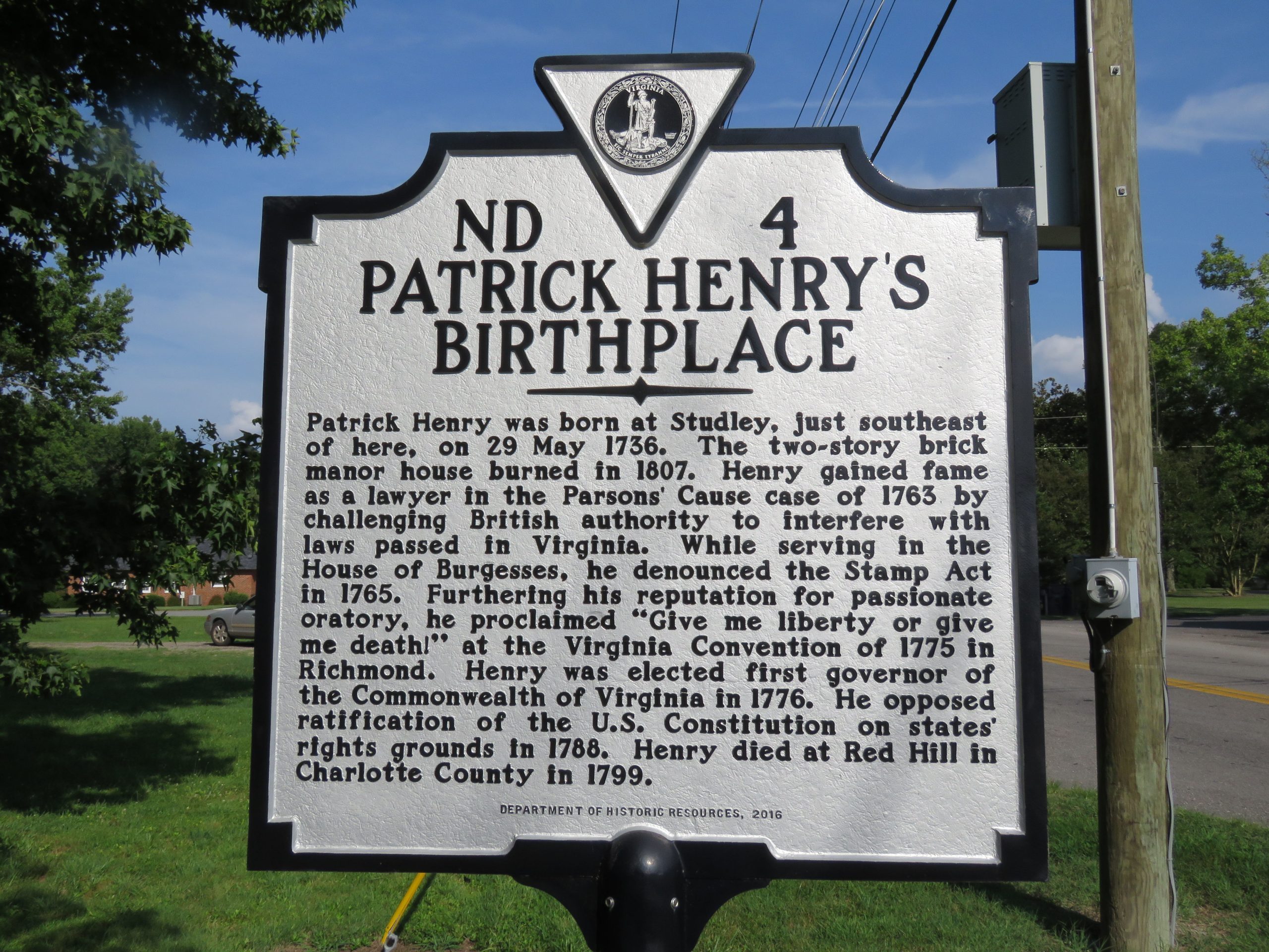 Henry birthplace sign on Studley Road